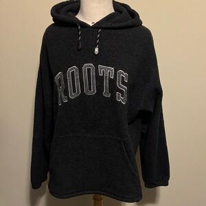 Roots Charcoal Hoodie with Grey Lettering Size Large